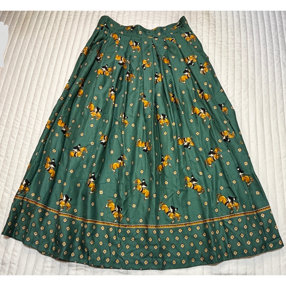 VTG 90s Chaus Green Equestrian Horse Print Pleated Midi Skirt Made in Japan EUC